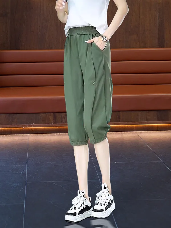 Quick Dry Casual Pants Women Summer Thin Ice Silk Cuffed Seven Inch Pants High Waist Harlan Pants Polyester Blend Elastic Waist