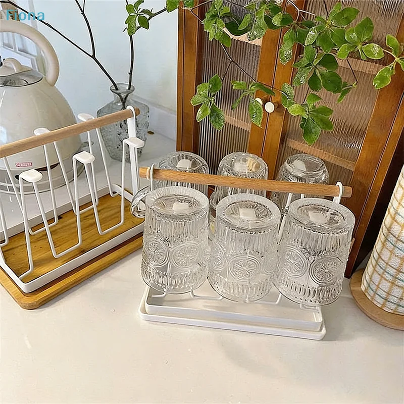 ✔ 6-Tassen-Glasbecher-Trockengestell mit Holzgriff, Tassen-Organizer für die Arbeitsplatte mit Abtropfschale für Küche & Bar