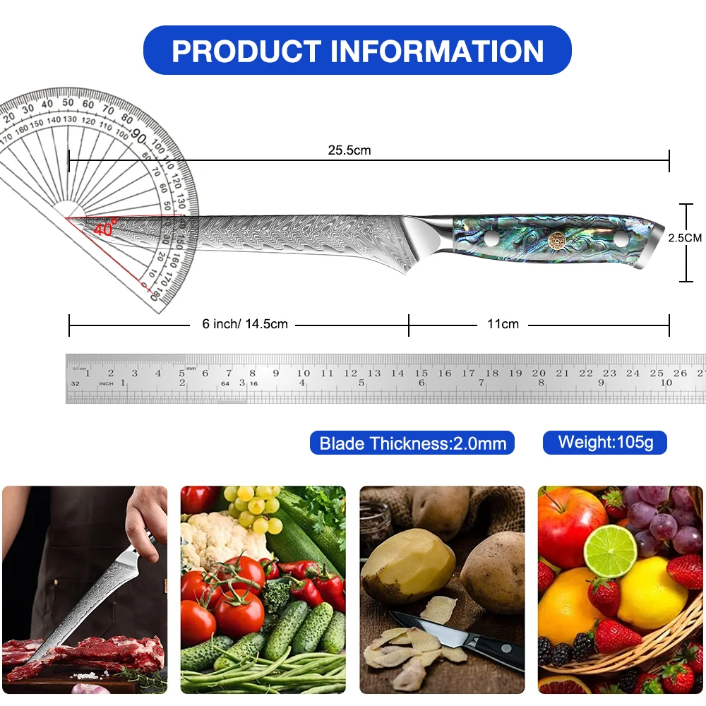 Professional 6 Inch Boning Knife Fillet Knife Damascus Steel Sharp Kitchen Deboning Poultry, Fish, Abalone Shell Acrylic Handle