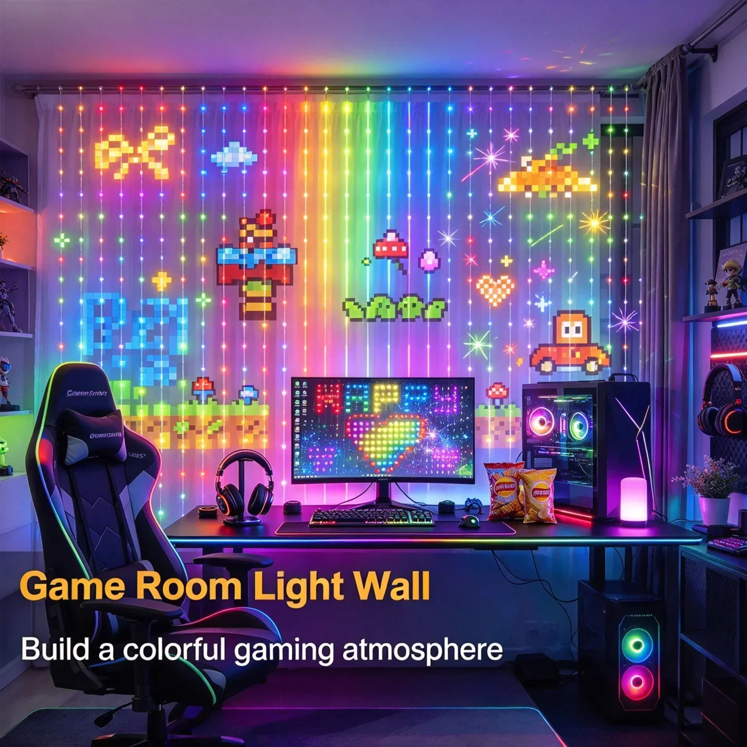 Smart LED Curtain String Lights USB 400LED Dynamic Pattern DIY with App & Remote for Birthday Gift Supplies Party Home Decor
