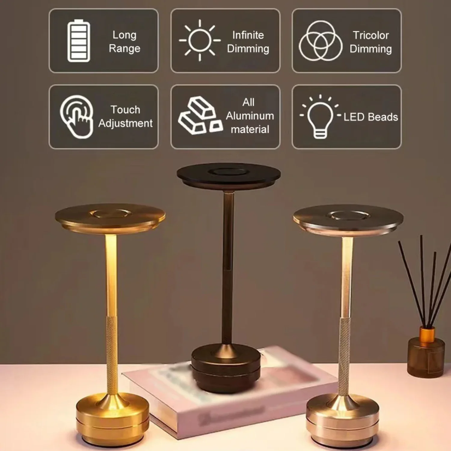 

Rechargeable Table Lamp LED Touch Sensor Desktop Night Light Wireless Reading Restaurant Hotel Bedroom Decor