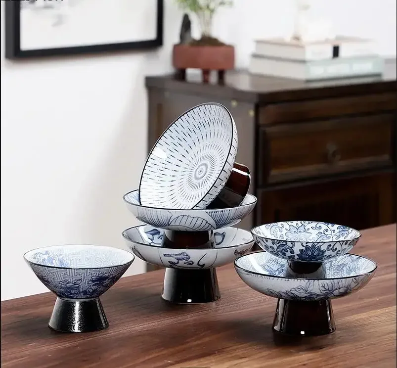 

Керамическая тарелка с фруктами на высоких ножках, послеобеденный чай, десерт, закуска, украшение дома, синий и белый фарфоровый посуда