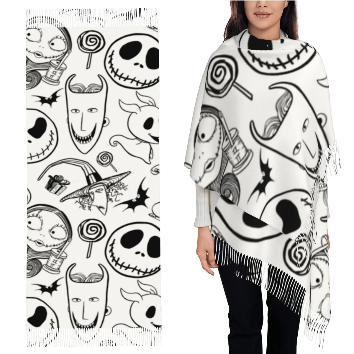 

Шарф «Кошмар перед Рождеством», шарфы с кисточками для женщин, мягкие теплые шали и накидки, большая осенне-зимняя шаль