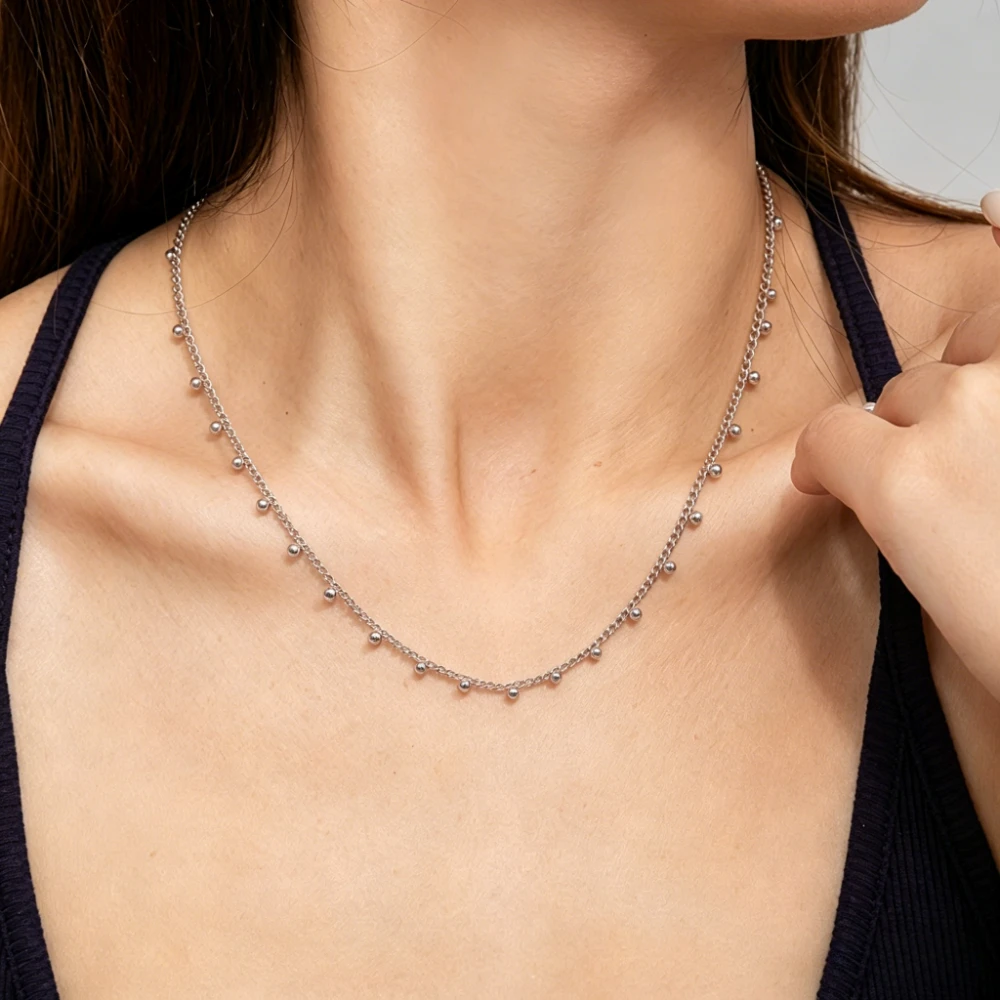 Side Dangling Tiny Bead Twist Chain Choker 316 Stainless Steel Gold Tassel Ball Minimal Plain Necklace