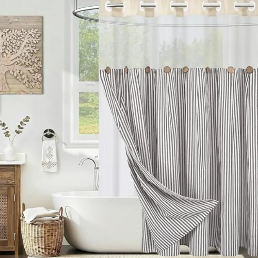 

Farmhouse Shower Curtain and Liner Set, No Hook Shower Curtain with Snap in Liner Fabric, Linen Washable Waterproof Bathroom Cu