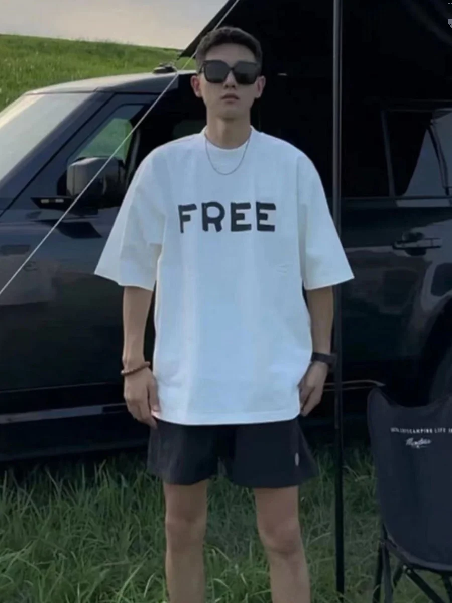 

Motorcycle Round Neck Handsome T-Shirt Men's Summer New Letter Loose and Versatile Trendy Brand Quality Pure Cotton