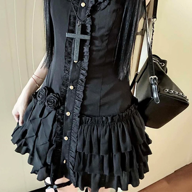 Vintage Black Mini Dress Women Y2K Harajuku Ruffles Patchwork Dresses Summer Gyaru Japanese Gothic Sleeveless Bodycon Vestidos