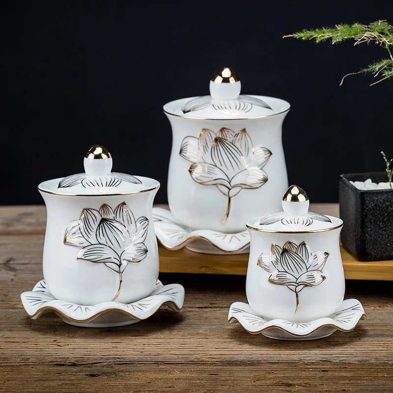 Cz ceramic water purifying cup with lid and base, white embossed lotus design with gold trim, for buddhist offerings and tea