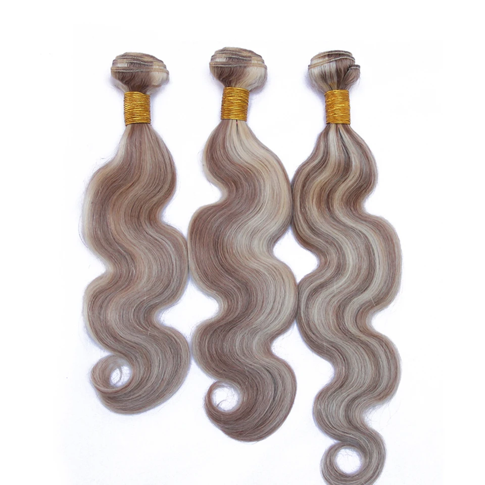 Remy Body Wave Ombre Ash Blonde Weave Cabelo Humano com Destaques, Cor do Piano, P8, 613 Destacado Pacotes de Cabelo, Sem Fecho