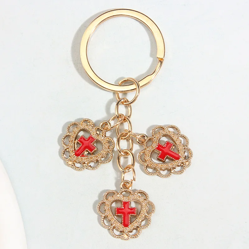 Cute Enamel Keychain Heart Pearl Cross Key Ring Religion Key Chains Souvenir Gifts For Women Men Cay Keys Handmade Punk Jewelry