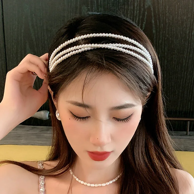 Three layer White Pearl Headbands for Women Handmade Wave Simple Hairbands Elegant Fashion Crown Retro Head Hoop Headdress