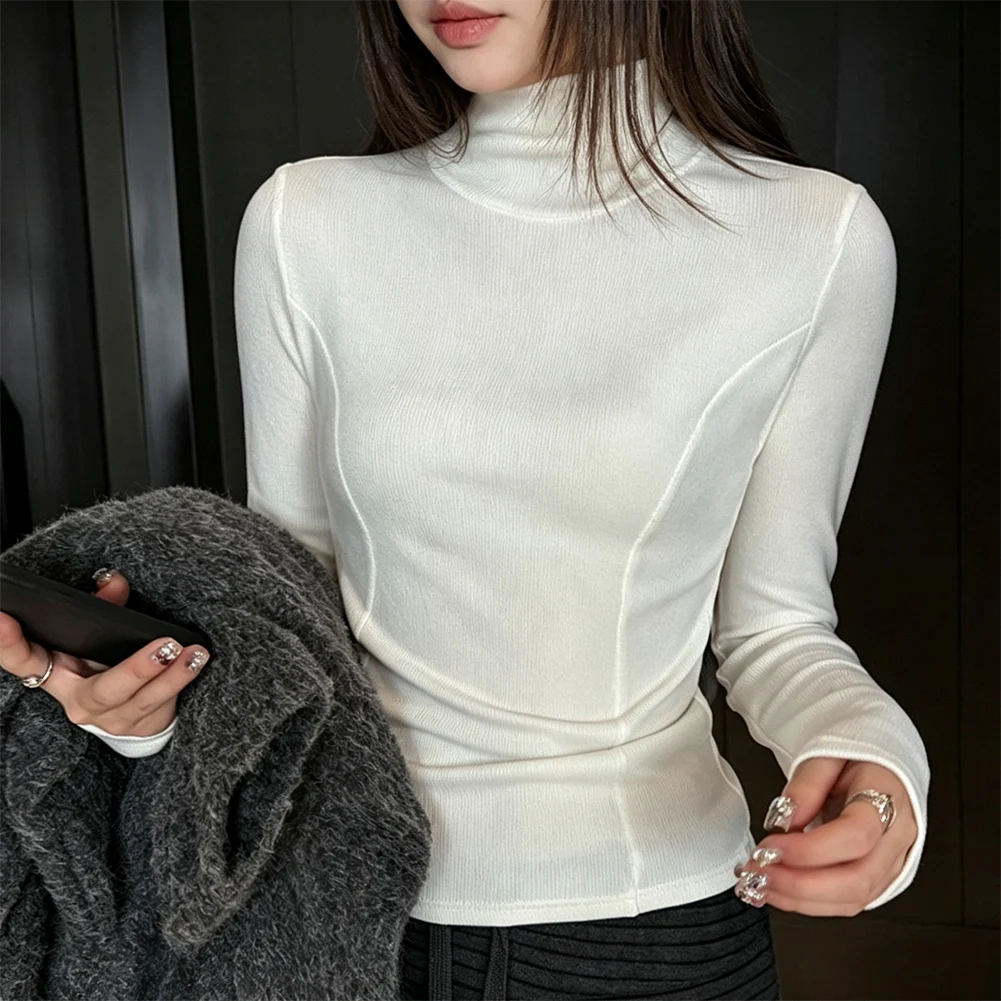 Women's Solid Color 1semi -high Neck Threaded Splicing Long Sleeved T-shirt Base Shirt Spring And Autumn Seasons Tops