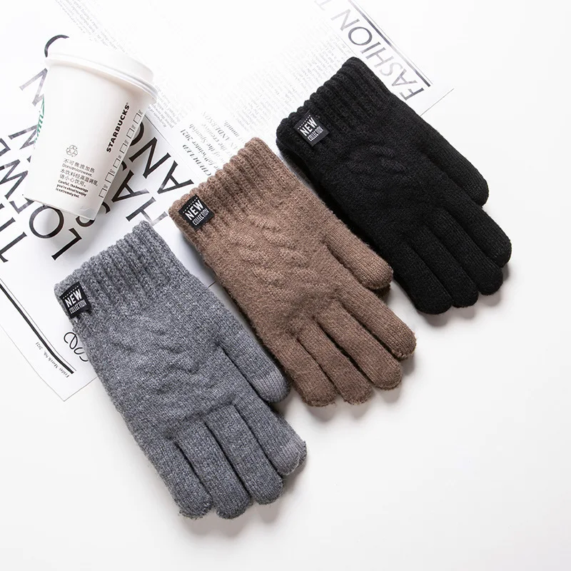 Winter Warm Knitted Gloves Solid Full Fingers Touchscreen Thicken Plush Cycling Driving Mittens New Men Solid Trendy Hand Warmer