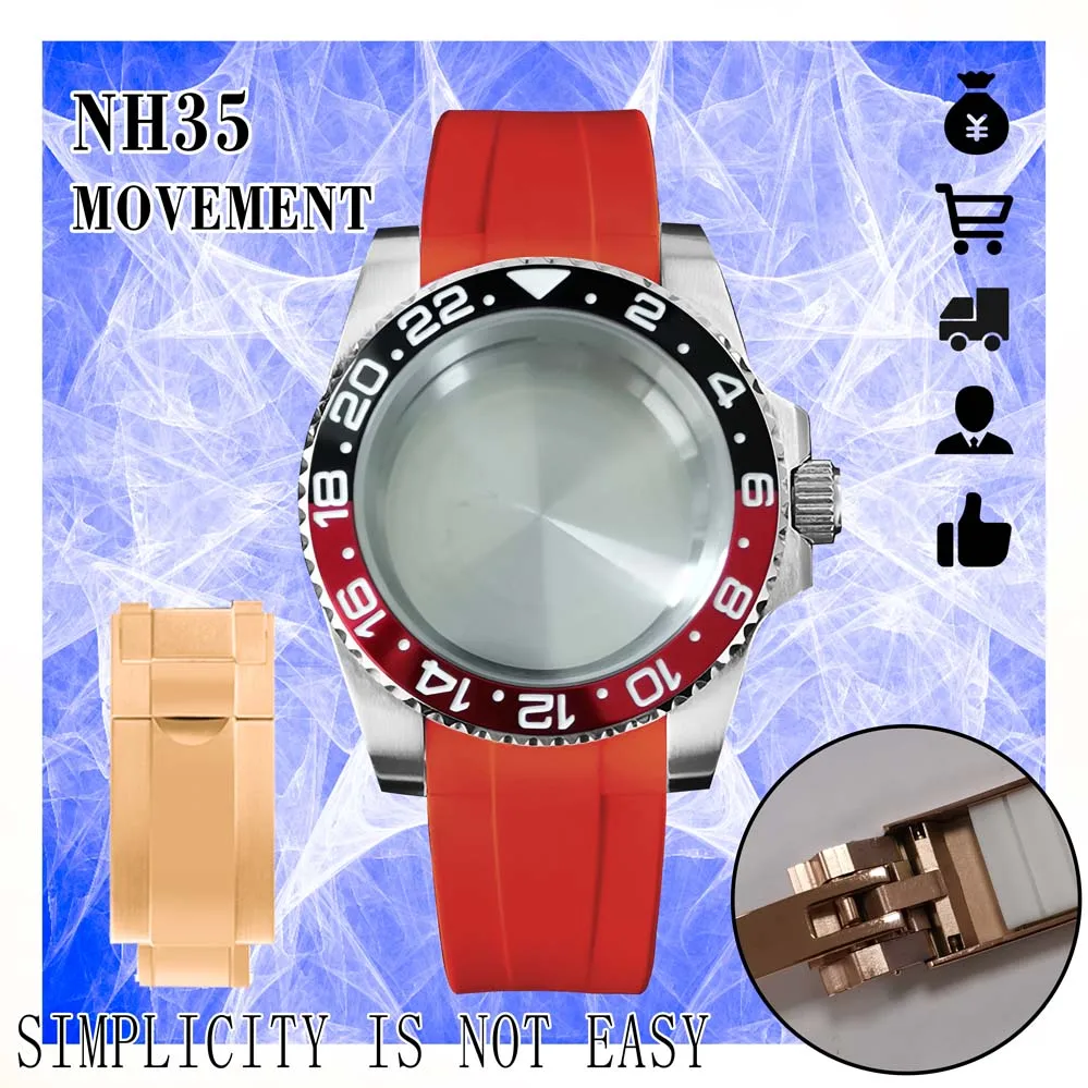 

SUB Silver Watch Case 40mm 316L Stainless Steel Assembled Men's Case Sapphire Glass Red Silicone Strap for NH35/NH36 Movement