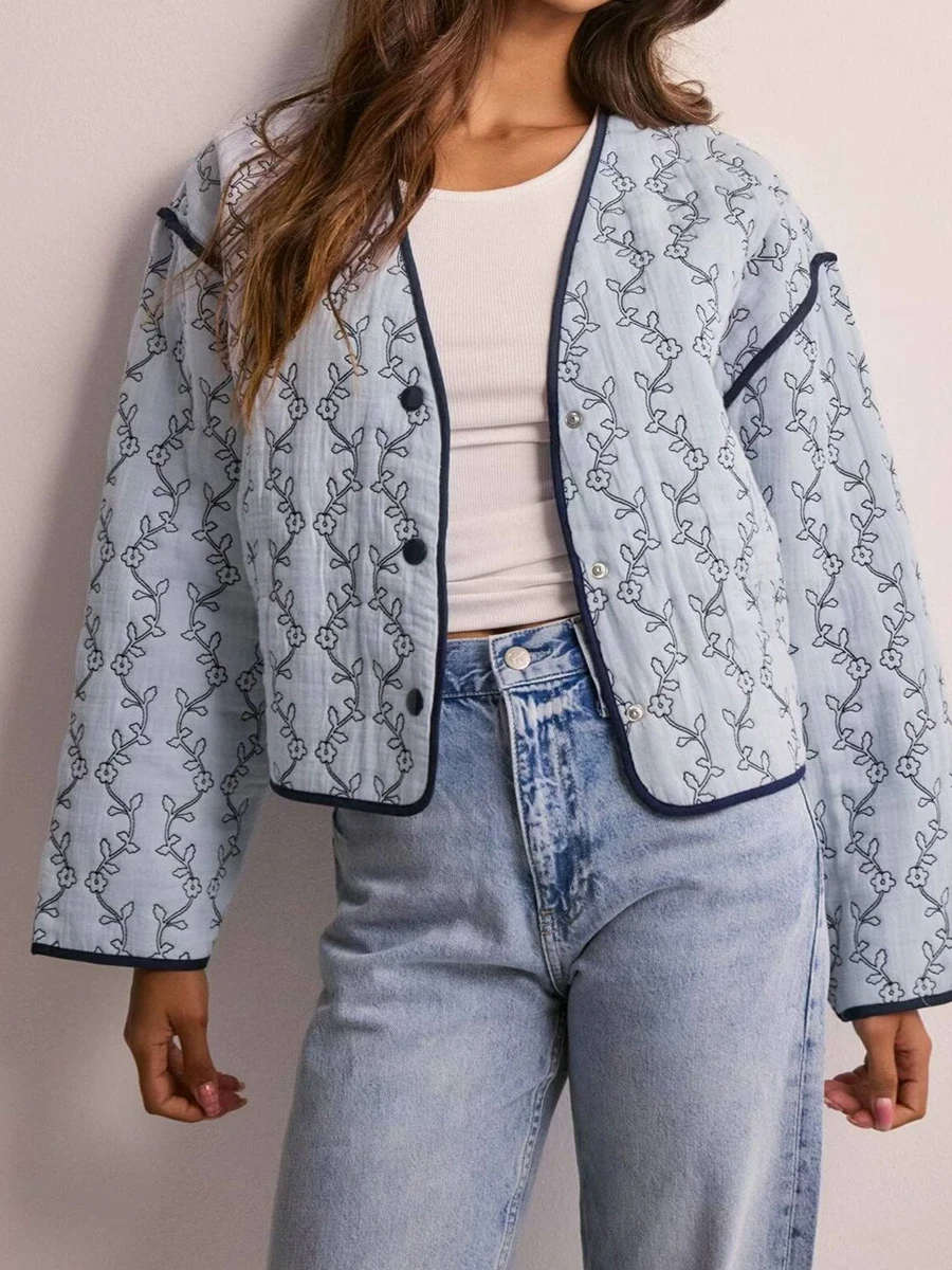 Floral Print Quilted Jacket 2024 Autumn New V Neck Single Breasted Long Sleeve Cotton Outerwear Casual Fashion Short Jackets