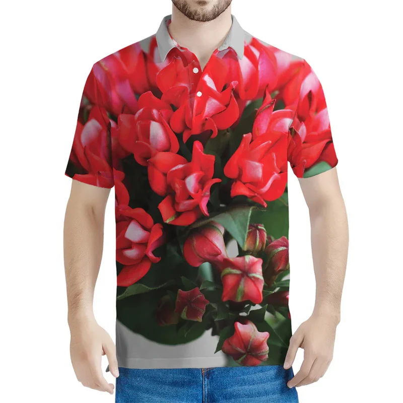 Polo Bouvardia Plants para hombre y mujer, camisa con estampado 3D de flores, manga corta, informal, de calle, de gran tamaño, Verano