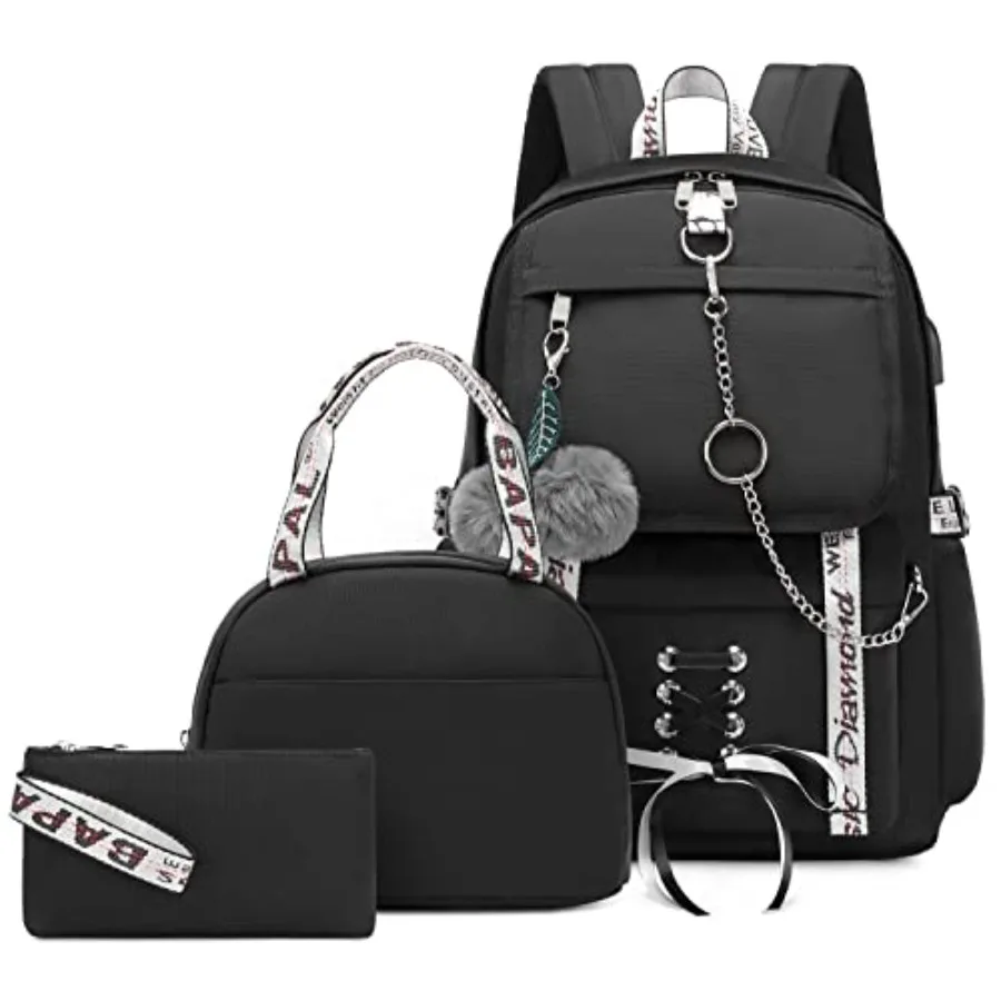 

School Backpack for Girls Backpack with Lunch Box Bookbag Aesthetic Cute Backpack Set School Backpacks for Teens Girls Black