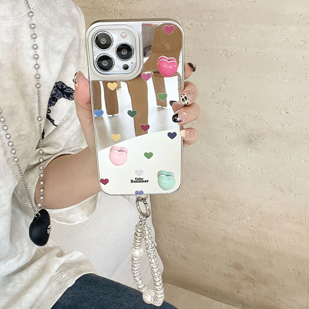 

Для iPhone 16 Pro Max 13 14 15 Plus Dopamine 3D Color Love Чехол для телефона с зеркалом Усовершенствованный защитный чехол с защитой от падения с цепочкой