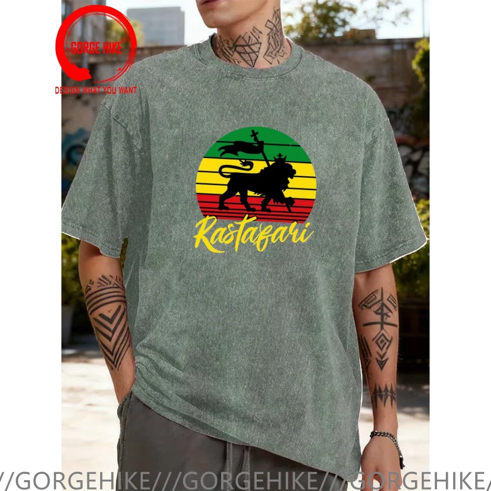 Vintage Washed Cotton T-Shirt Funny Designer Rasta Lion Raggae Music T Shirt Men Fashion Trendy Casual Clothing Stylish Tops T