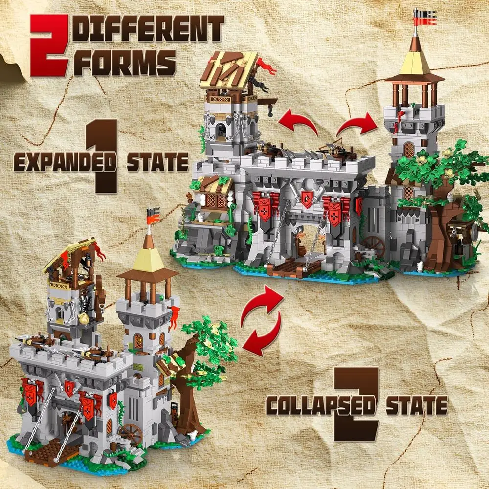 مجموعة قلعة العصور الوسطى مكونة من 2568 قطعة: قلعة الفارس مع برج المراقبة وبوابة قابلة للرفع وقوسنش للبالغين والمراهقين