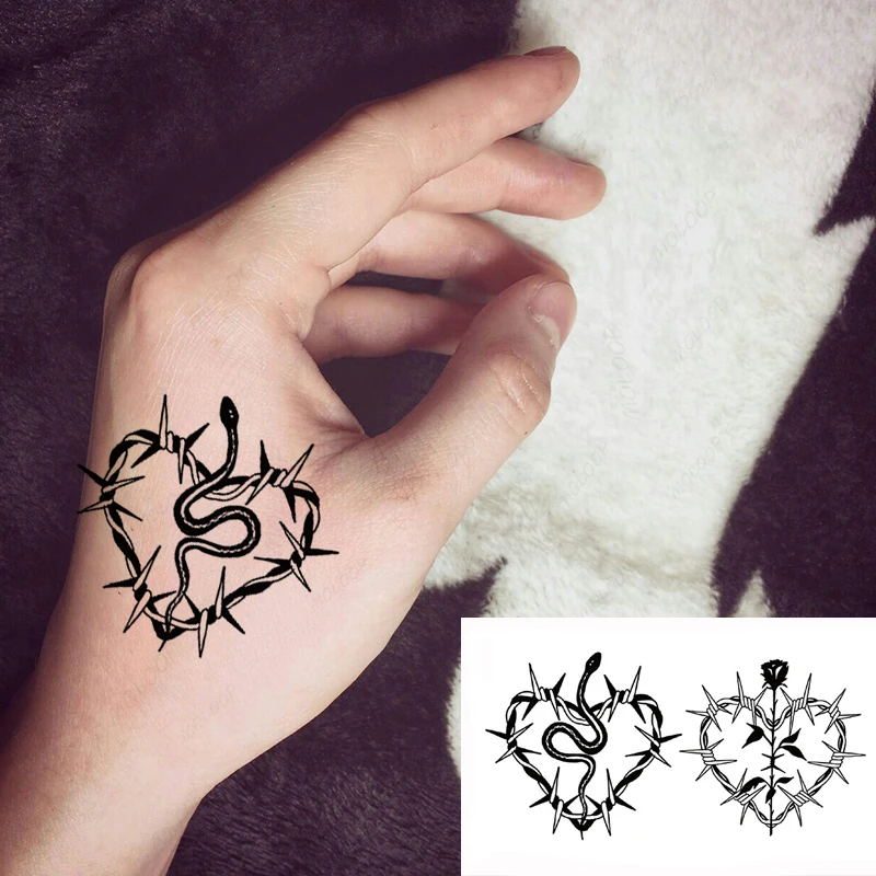 Tattoo Stickers Black Snake Rose Flower Nail Love Heart Element Temporary Waterproof Tatoo for Men Women Makeup Hand Body Art