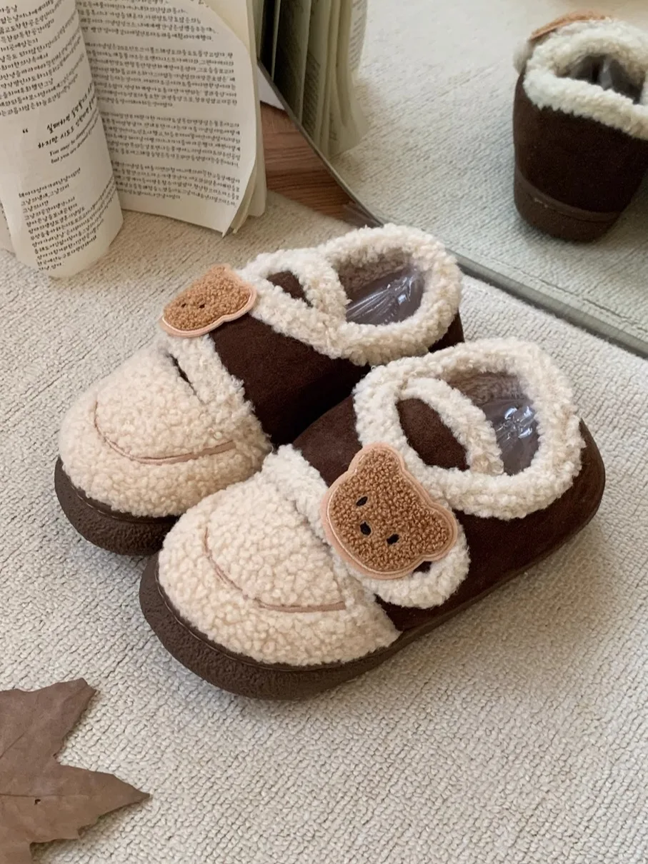 

Cute Bear Pattern Cotton Slippers with Magic Tape Casual Winter Outdoor Women's Shoes Fashionable Bean Bean Shoes Korean Style