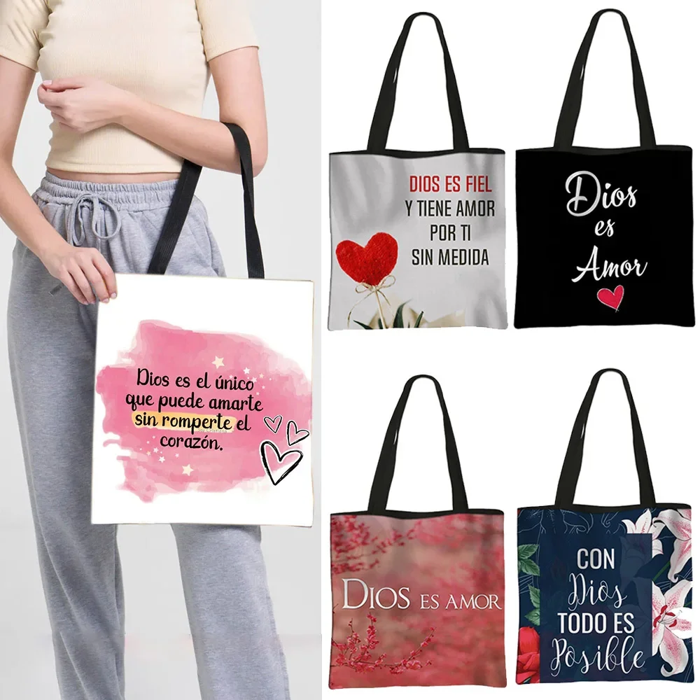 Con Dios Todo Es Posible Print Shopping Bag Christian Gift Bible Verse Women Totes Large Capacity Grocery Bags Ladies Handbag