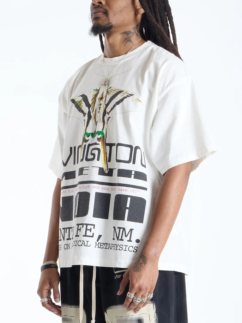 RRR123 T Shirt Men Vintage Washed White Moth Butterfly Graphic Short Sleeve Tee Oversized Unisex Y2K Streetwear T Shirts Top