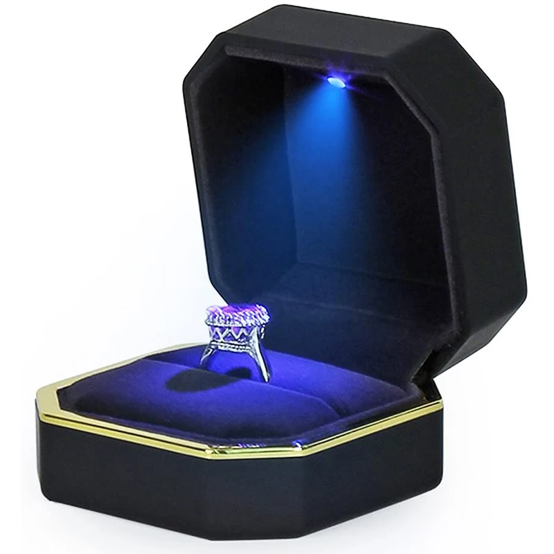 Luxury Ring Box With LED Light Wedding Ring Case Jewelry Gift Box Proposal Engagement Diamond Ring Storage Display Box