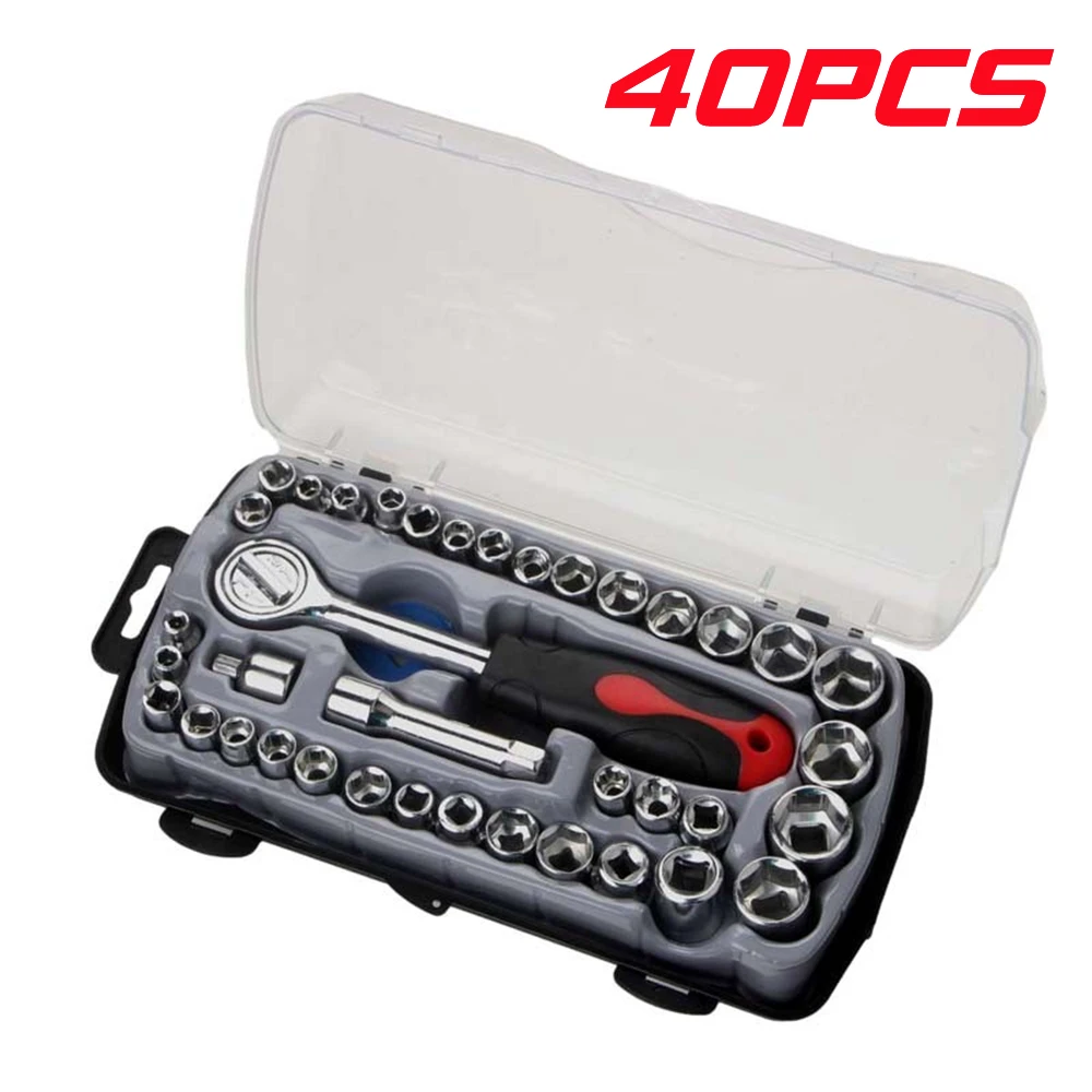 

40 Pcs Auto Repair Tool Set Ratchet Socket Wrench Multi-Function Sleeve Combination Mixed Tools with Plastic Toolbox
