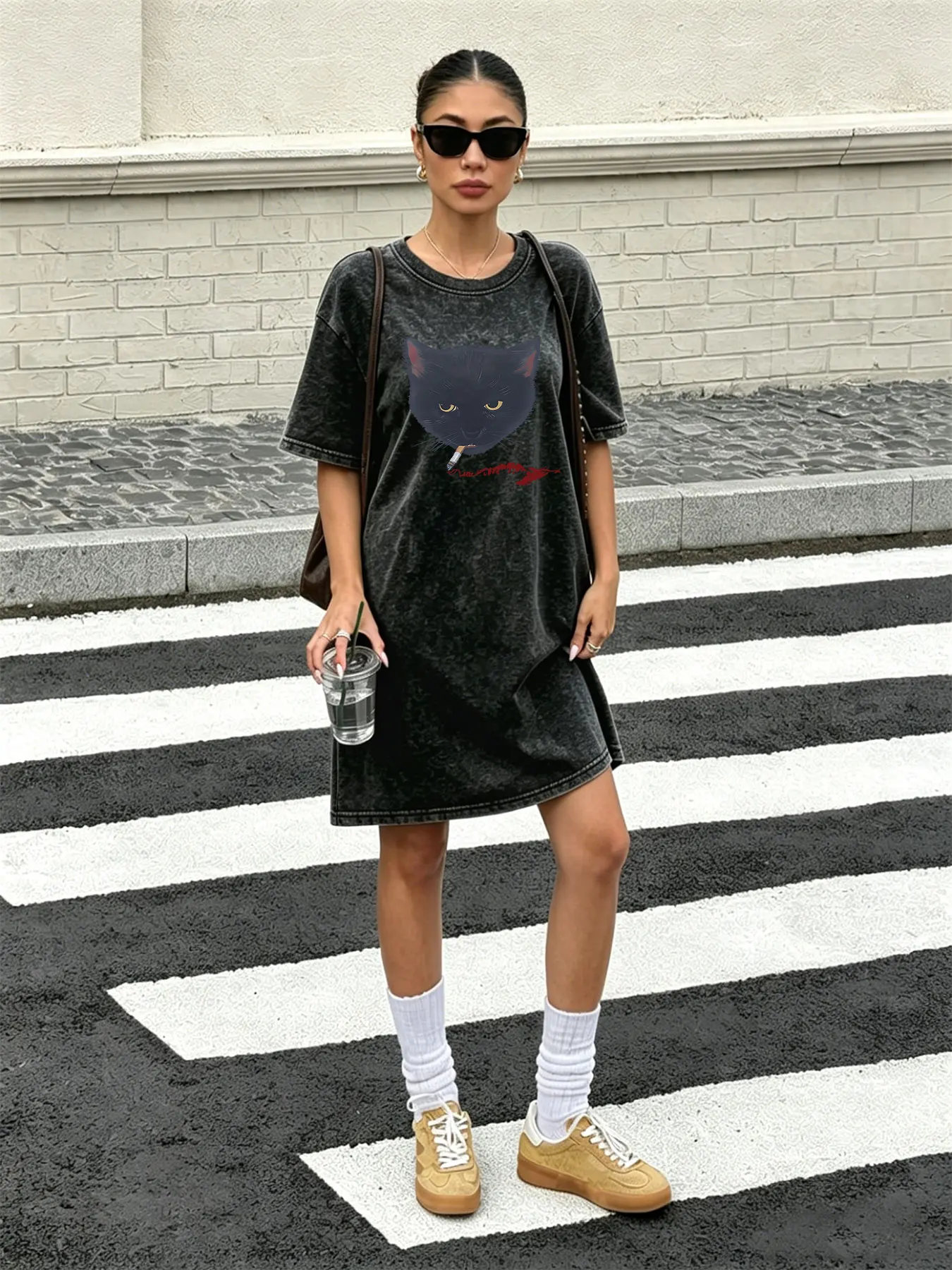 Vintage Washed T-Shirt-Kleid für Damen, Stylisches Vielseitiges Streetwear-Kleid mit Katzen-Print