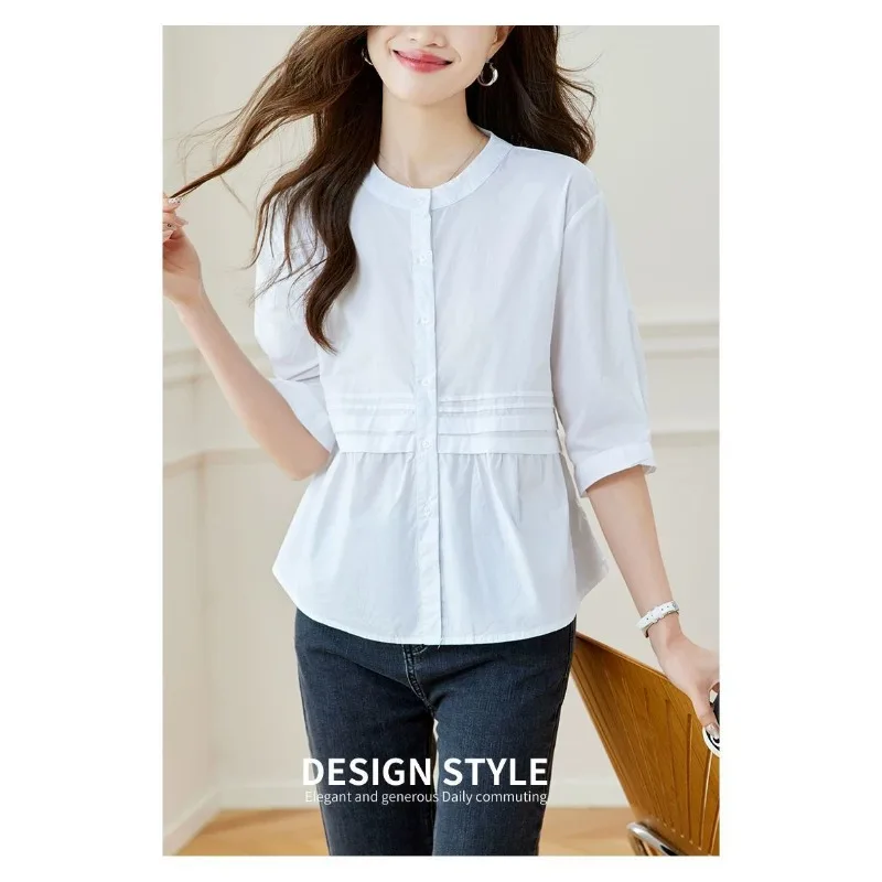 

Women's Blue White Stripe Ruched Half-Sleeve Blouse Fresh Casual Office Top