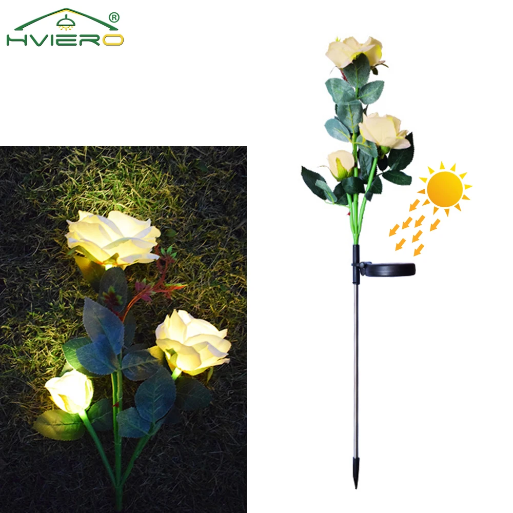 Solar Rose Light Yellow Flower LED 3 Head Garden Lawn Night Lamps IP65 Waterproof Landscape Home Fairy Yard Christmas Decoration