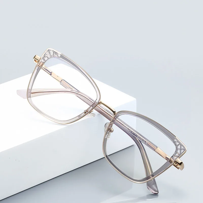 

2025 New TR90 Women's Cat Eye Anti Blue Light Glasses Fashion INS Trendy Gold Wire Hollow Flat Mirror Presbyopia Mirror