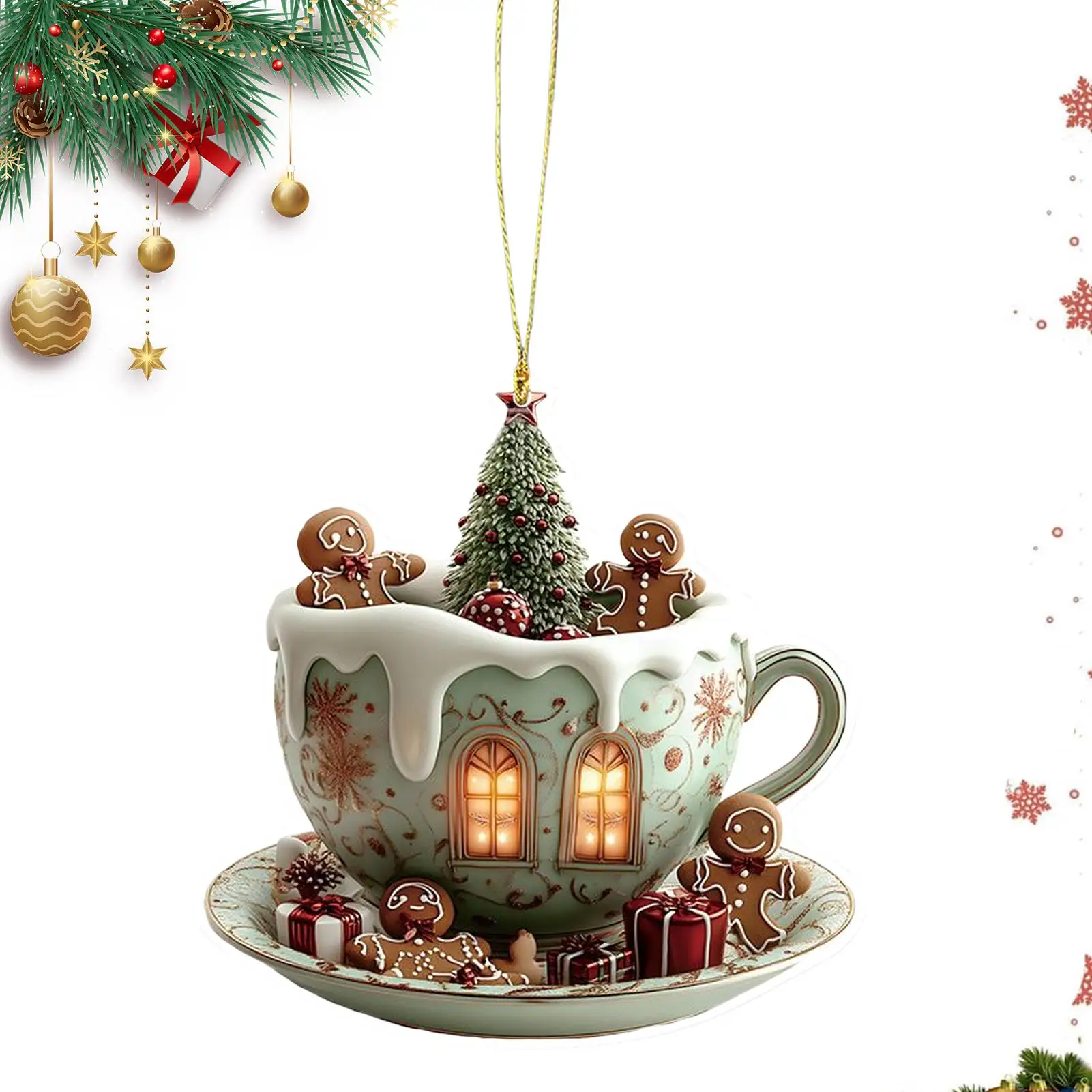 فنجان القهوة الحلي لشجرة عيد الميلاد 2D الاكريليك عيد الميلاد الثلوج منازل الشوكولاته القدح قلادة شجرة عيد الميلاد وديكور السيارة #3