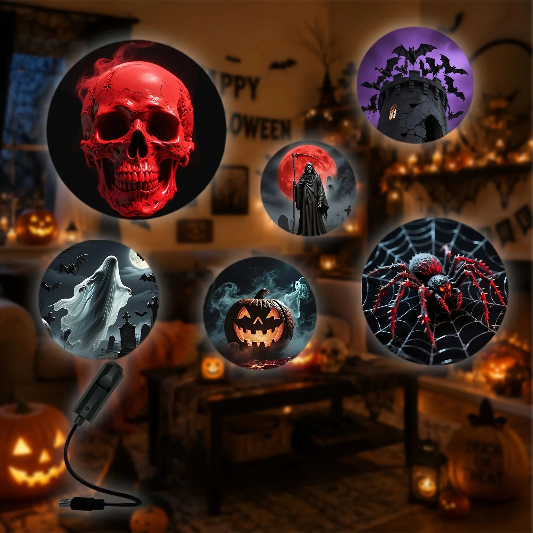 USB Halloween LED Projector Lamp 6 Patterns Ghost Witch Skeleton Light for Party Home Atmosphere Spooky Decor Haunted House