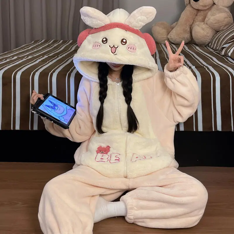Anime Chiikawa Hooded Flannel Pajamas Winter All-In-One Pajamas Home Clothes Girls Cartoon Homewear Coral Fleece Sleepwear Gifts