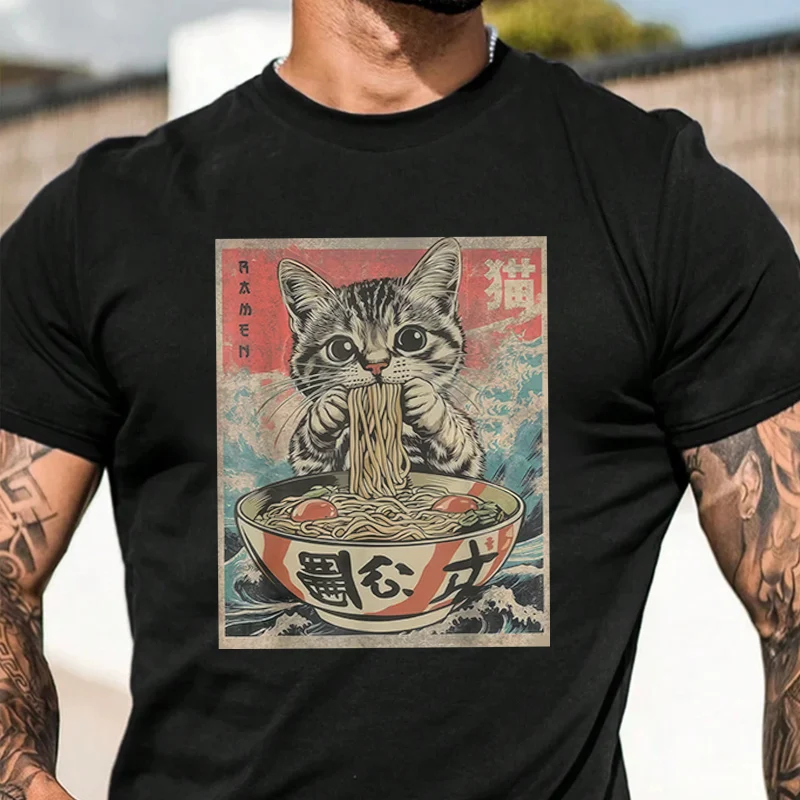 

Kawaii Cat Ramen Anime 2026 New Vintage Style Pattern T-Shirt Men's And Women's Casual Short Sleeve Top