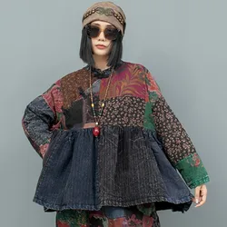 Patchwork Warm Long Sleeved Big Swing Doll Shirt Clip Cotton Coat Women 2024 Winter LX2515