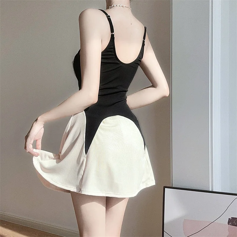 2023 New Summer Premium High Waist Covering Stomach Purely Conservative Hot Spring Holiday Beach One Piece Slip Dress Swimsuit