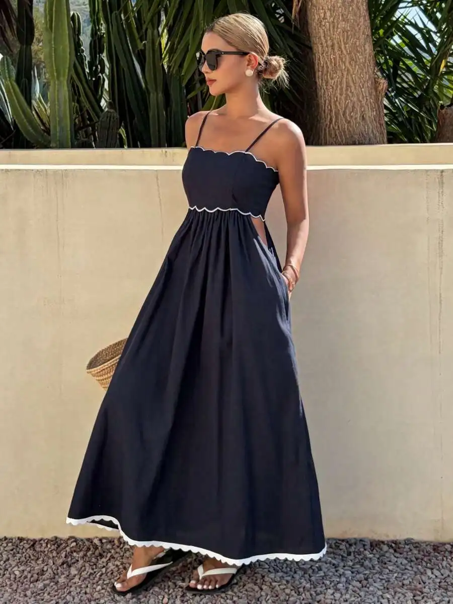 

Womens Contrast Color Ruffle Strap Long Dress Elegant Vacation Sundress Summer