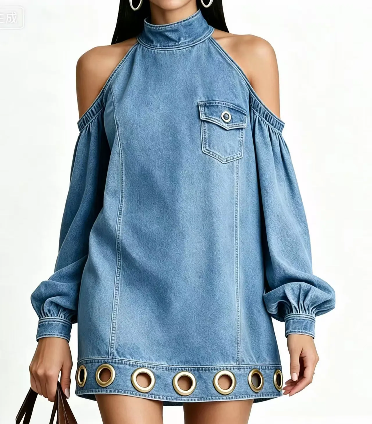 Chic Halter Cold Shoulder Denim Shift Dress for Women Puff Long Sleeve Metal Eyelet Hem Mini Dress Dating & Casual Street Outfit