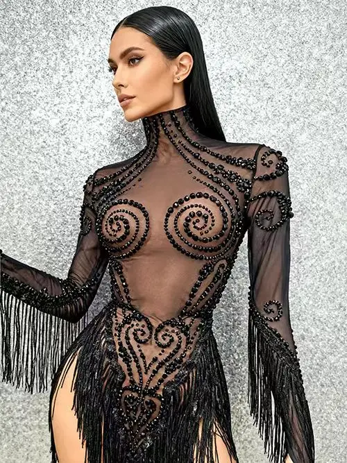 Sparkly Strass Quasten Geburtstag Feiern Abendkleid Frauen Sexy Mesh Transparent Leistung Tanz Kostüm Bühne Tragen