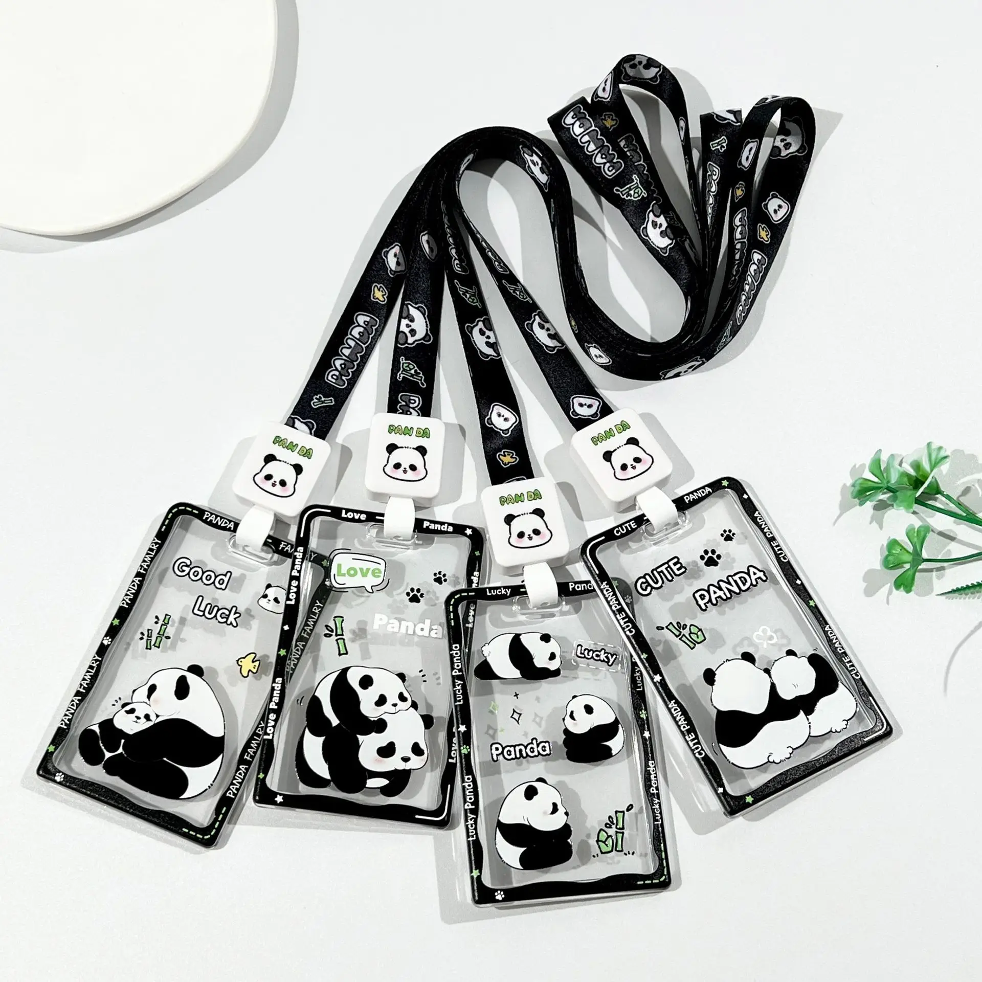 

Прозрачный раздвижной чехол для карточек с пандой и ремешком, держатель для студенческих билетов, чехол для автобусной карты, держатели для удостоверений личности, держатель для бейджа
