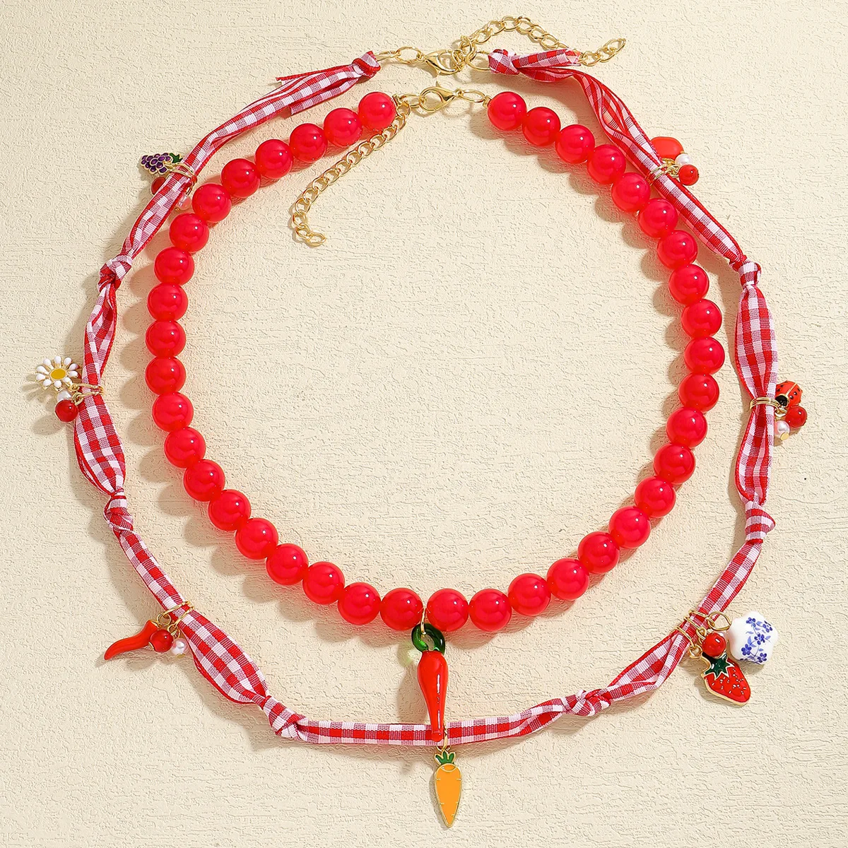 

Chili Necklace Double Layer Red Beaded Pendant Necklace Set with multi cute charms, gift for girls