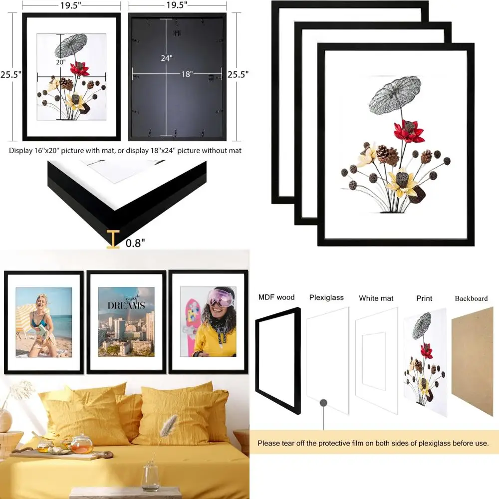 

Set of 3 Black Picture Frames: 18x24 for Wall Mounting, Holds 16x20 Photos with Mat or 18x24 Without