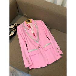 Fashion Sweet Style Lady Blazer Pink High Quality Rose Button British Design Slim Fit Coat Elegant Long Sleeve Women Suit Jacket