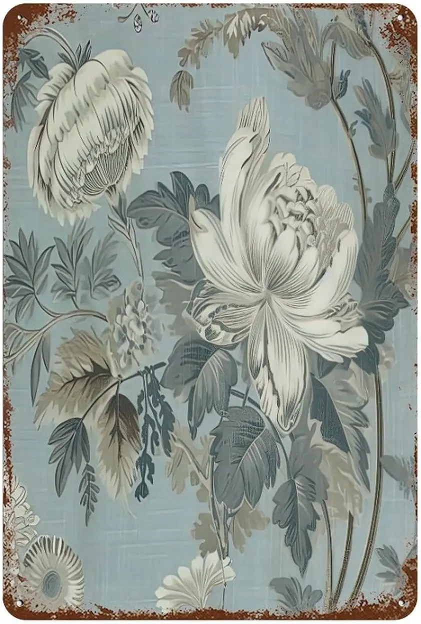 Funny Novelty Metal Tin Sign Chinoiserie Floral Blue Wall Poster Tin Signs Chinoiserie Toile Oriental Flower Office Bathroo sign
