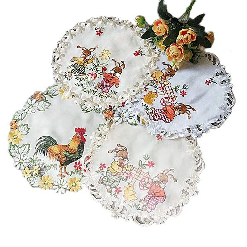 Mini round Easter chicken bunny satin embroidery table place mat cloth coaster placemat kitchen Table decoration and accessories