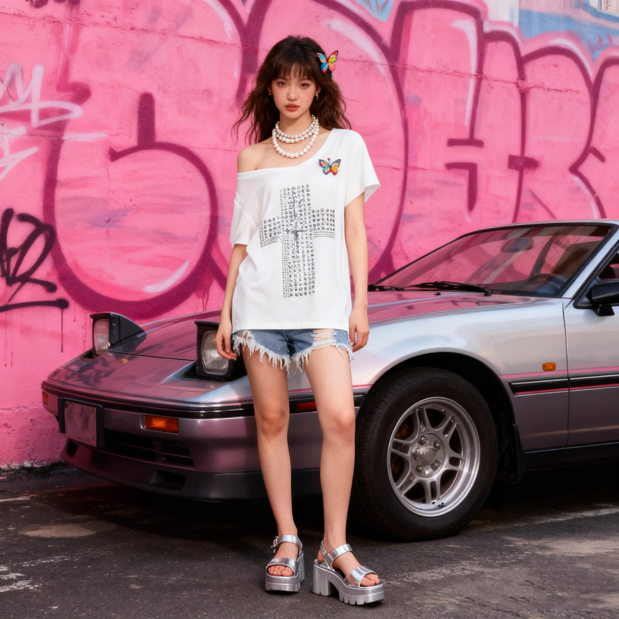 

American retro spicy girl V-neck short sleeved t-shirt summer Y2K spicy girl cross rivet off shoulder loose spicy girl thin top